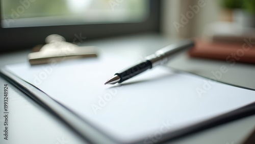 close up clipboard and fountain pen on business desktop office workspace