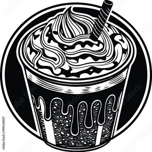 Black and white milkshake icon, vector soda cup, whipped cream drink illustration, monochrome beverage logo