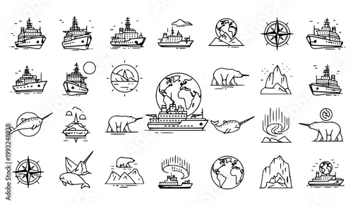 Arctic exploration and nautical travel a hand drawn collection of ships wildlife and geographic elements