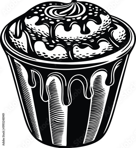 Black and white cupcake, chocolate frosting, vector illustration, dessert graphic, bakery design element