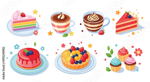 A delightful collection of various sweet desserts and hot beverages, including colorful cakes, fruit tarts, puddings, cupcakes, and creamy drinks, presented in a charming flat vector style.