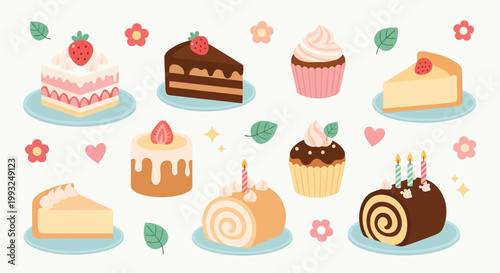 A delightful collection of various sweet desserts including strawberry cakes, chocolate cakes, cupcakes, and roll cakes, presented in a cute illustration style.