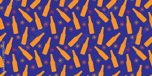 Retro Seamless Pattern of Orange Beer Bottles and Stars on Deep Blue Background, Stylish Beverage Texture for Brewery Branding and Nightlife Decor