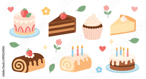 A collection of various sweet desserts including strawberry cake, chocolate cake, cheesecake, cupcakes, and swiss rolls with candles, decorated with hearts and flowers.