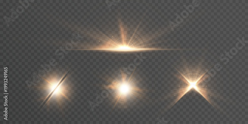 Set of light effects. A flash of warm light, a star on a transparent background. Sun, summer. light sunlight. Vector	
