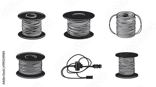 A collection of six black and white line art illustrations featuring spools of wire and related wiring components