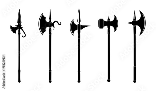 A collection of historical polearms spears halberds and battle axes in a black silhouette arrangement