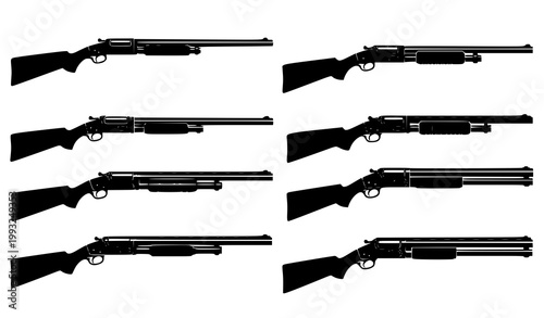 Black silhouette collection of various lever action and pump action firearms displaying different barrel lengths and stock styles