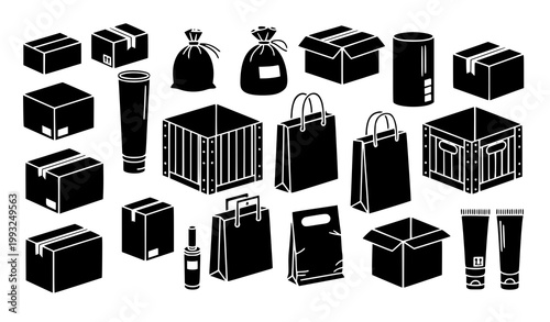 Black and white collection of shipping and gift related icons boxes bags and valuable items