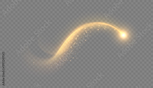 A golden magical comet effect with multiple sparkling bokeh and shimmering light effects. A magical golden wind for web design and fairy tales. Vector.	