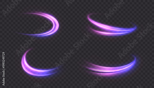 Curved purple glowing streams with smooth motion and a soft glow against a black background. Glowing arcs with bright edges create vector energy effects.