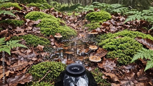 Tranquil Forest Stream Flowing Through Mossy Earth Surrounded by Fungi and Fallen Leaves