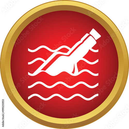 Message in a bottle icon floating on ocean waves in a red circular frame