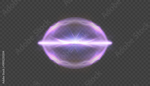 Purple glowing fantasy portal ring with bright central light and horizontal energy line on transparent background. Magic gate with symmetrical aura and luminous field.