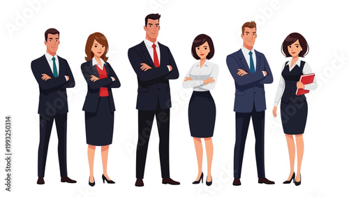 Professional team members standing confidently in business attire Vector