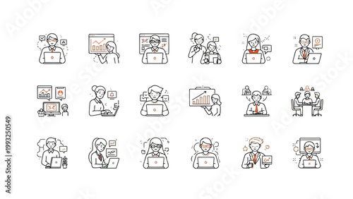 Illustrations of various professionals engaged in remote and office work activities Vector