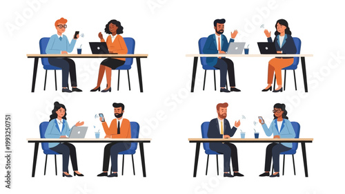 Professionals engaged in various meeting and communication activities at tables Vector