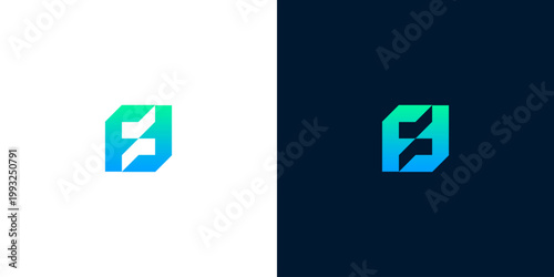 Sleek and vibrant abstract geometric logo design featuring a dynamic gradient of blue and green, ideal for modern technology, digital services, or innovative corporate branding
