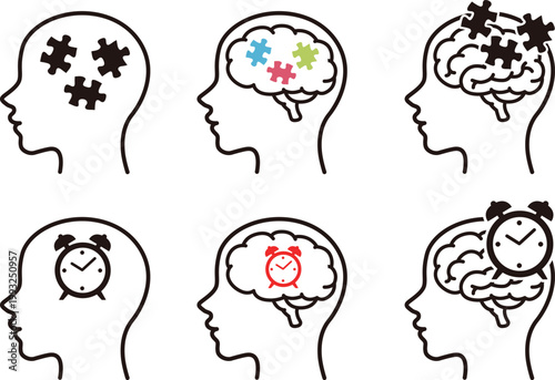 Brain cognition icons set memory puzzle dementia thinking concept