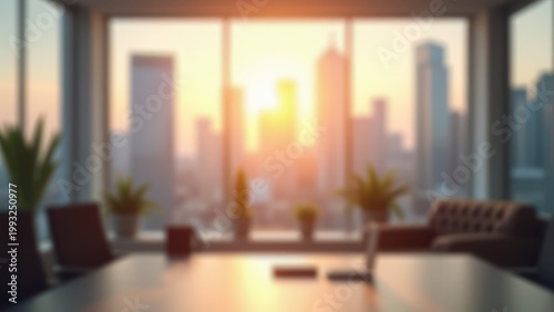 sunlit modern office blur workspace with city view backdrop