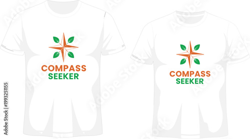 White T-shirt Mockup Featuring Compass Seeker Logo Design with Green Leaves and Orange Star for Outdoor Branding, Eco-friendly Apparel, and Adventure Clothing Promotion