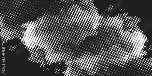 Dramatic black and white halftone cloud pattern with a gritty pop art aesthetic. A bold distressed texture perfect for urban posters, comic book backgrounds, and edgy graphic designs.