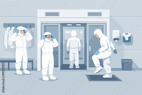 Workers in a Cleanroom Environment Putting on Protective Hazmat Suits and Goggles Before Entering an Airlock for Sterile Laboratory or Pharmaceutical Production Safety and Decontamination.