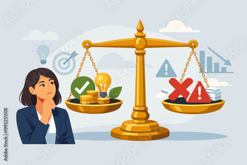 Businesswoman Contemplating Pros and Cons on a Balanced Golden Scale, Weighing Risks and Benefits for Strategic Decision Making, Financial Planning, Problem Solving, and Business Growth Illustration