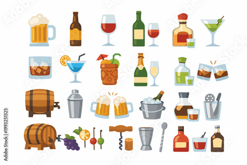 Comprehensive set of flat vector icons featuring alcoholic drinks and barware: beer mugs, wine bottles, whiskey, cocktails, champagne, tequila, barrels, shaker, ice bucket, and bar tools.