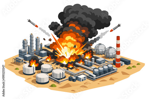 Isometric Vector Illustration of a Missile Strike on an Oil Refinery in a Desert Industrial Zone with Massive Explosions, Fireballs, and Thick Black Smoke Rising from Destroyed Fuel Storage Tanks