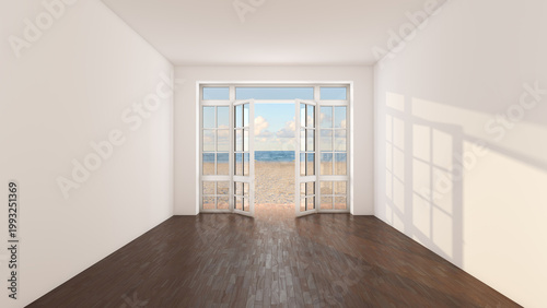 Bright Empty Interior with Wooden Floor and Open Glass Doors Leading to Sandy Beach and Blue Ocean. Minimal Coastal Home with Natural Sunlight and Large Copy Space for Design or Real Estate. 3D Render