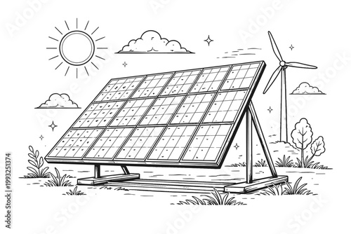 Black and white line drawing of a modern solar energy panel and wind turbine in a landscape with the sun and clouds, perfect for educational materials, coloring pages, and green energy concepts.