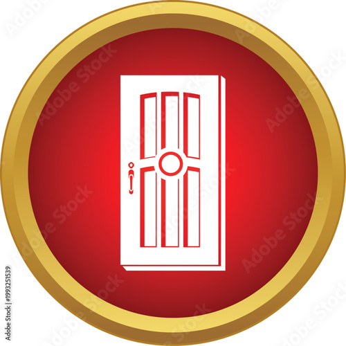 White residential door icon on a red circular button with a golden border