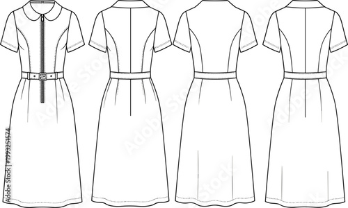 Women's Short Sleeve Midi Dress Technical Flat Sketch with Peter Pan Collar, Front Zipper, and Belt for Fashion Tech Packs and Apparel Design