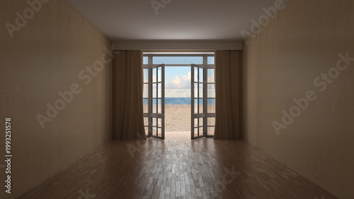 Interior of Empty Room with Wooden Floor and Open Glass Doors Leading Directly to Sandy Beach and Blue Ocean Horizon. Minimal Coastal Living Concept with Natural Light. 3D Illustration