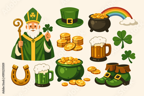St. Patrick's Day Vector Illustration Collection Featuring Saint Patrick, Leprechaun Hat, Pot of Gold, Rainbow, Beer Mugs, Shamrocks, Horseshoe, and Boots for Festive Posters, Cards, and Apparel