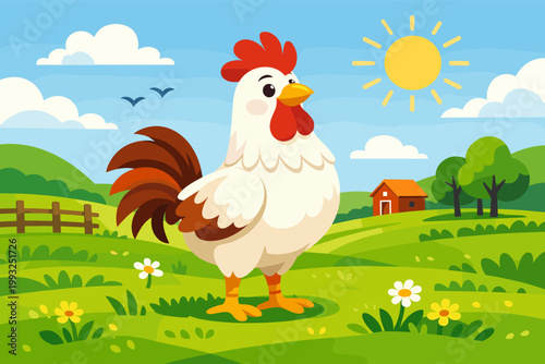 Whimsical Cartoon Rooster Standing Proudly in a Vibrant Green Farm Field under a Bright Sun with a Red Barn, Fence, and Rolling Hills, Flat Vector Illustration for Children's Books and Rural Art.