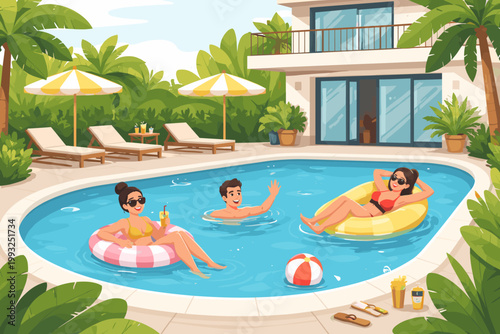 People Relaxing in a Private Swimming Pool at a Luxury Villa Residence, Flat Vector Illustration of Friends Enjoying Summer Vacation with Inflatable Rings, Cocktails, and Tropical Palm Trees.