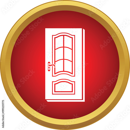 White residential door line icon with handle and window details inside a red and gold circle