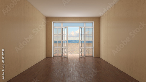 Empty Interior Room with Wooden Floor and Open Glass Doors Leading to Sandy Beach and Blue Ocean Horizon. Minimal Coastal Home Concept with Natural Light and Seaside Scenery. 3D Illustration