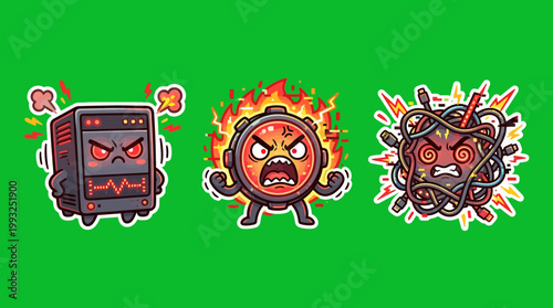 Cartoon Computer, Alarm Clock, and Wires with Angry Expressions.