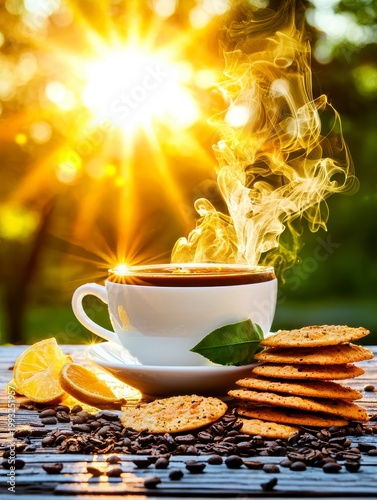 Warm Morning Coffee with Steaming Cup, Biscuits, and Lemon in Golden Sunlight