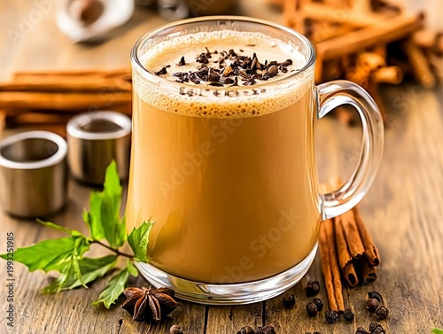 Warm Spiced Chai Latte with Cinnamon, Star Anise, and Chocolate Shavings on Rustic Wood
