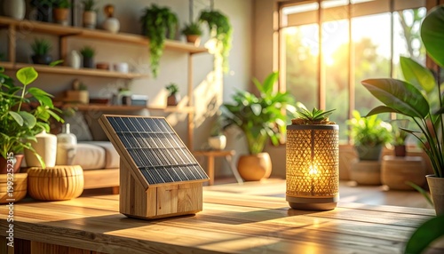 Eco-Friendly Living - Solar Panel and Lantern in Sunlit Room.