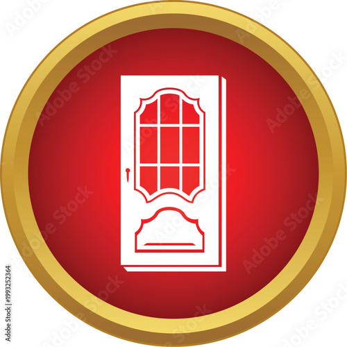 White entrance door icon inside a red circle with a golden border