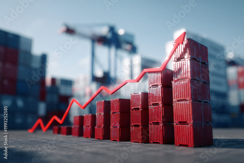 Red shipping containers stacked with rising graph line at cargo port. Global price increase concept, logistics costs, trade inflation and supply chain market growth.