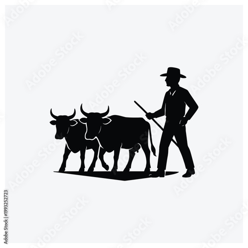 Silhouette illustration of a cowboy herding two cattle