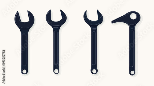 A vector illustration depicts four dark blue wrench silhouettes on a cream-colored backdrop