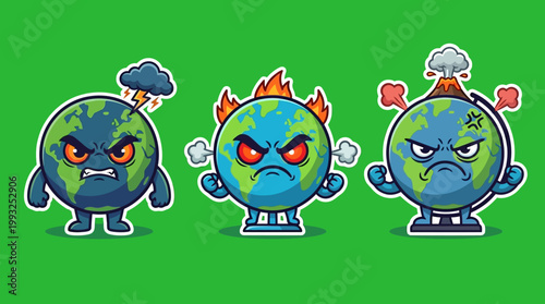 Cartoon Earth Characters Expressing Anger and Environmental Concerns on Green Background.