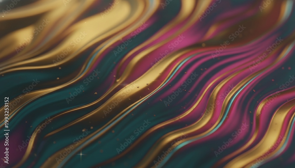 Fototapeta premium Colorful abstract liquid waves with gold and pink metallic patterns on dark background